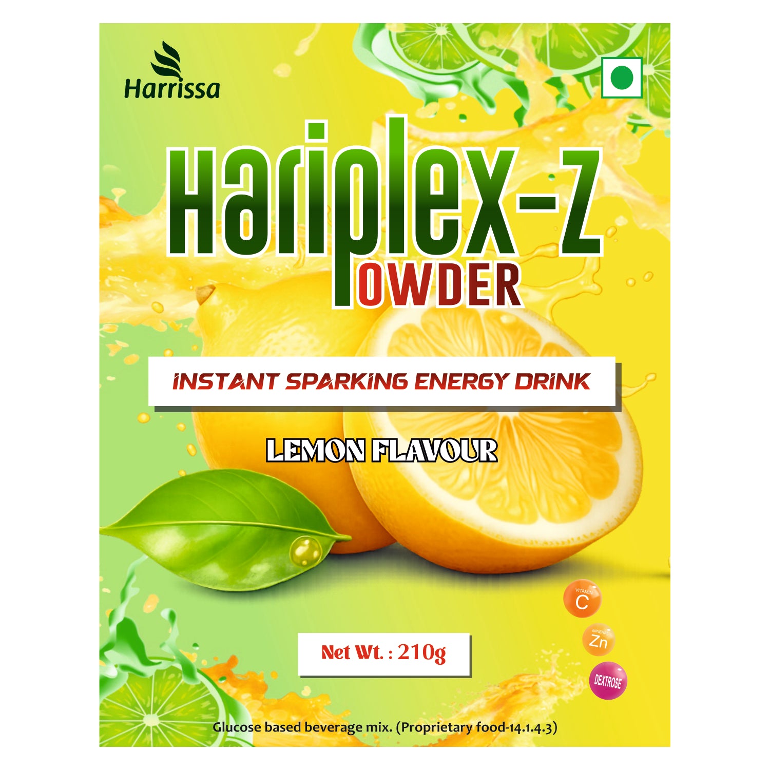 Hariplex-Z Powder Lemon Flavour Instant Energy Drink Mix | Vitamin C, Zinc & Dextrose | 210g