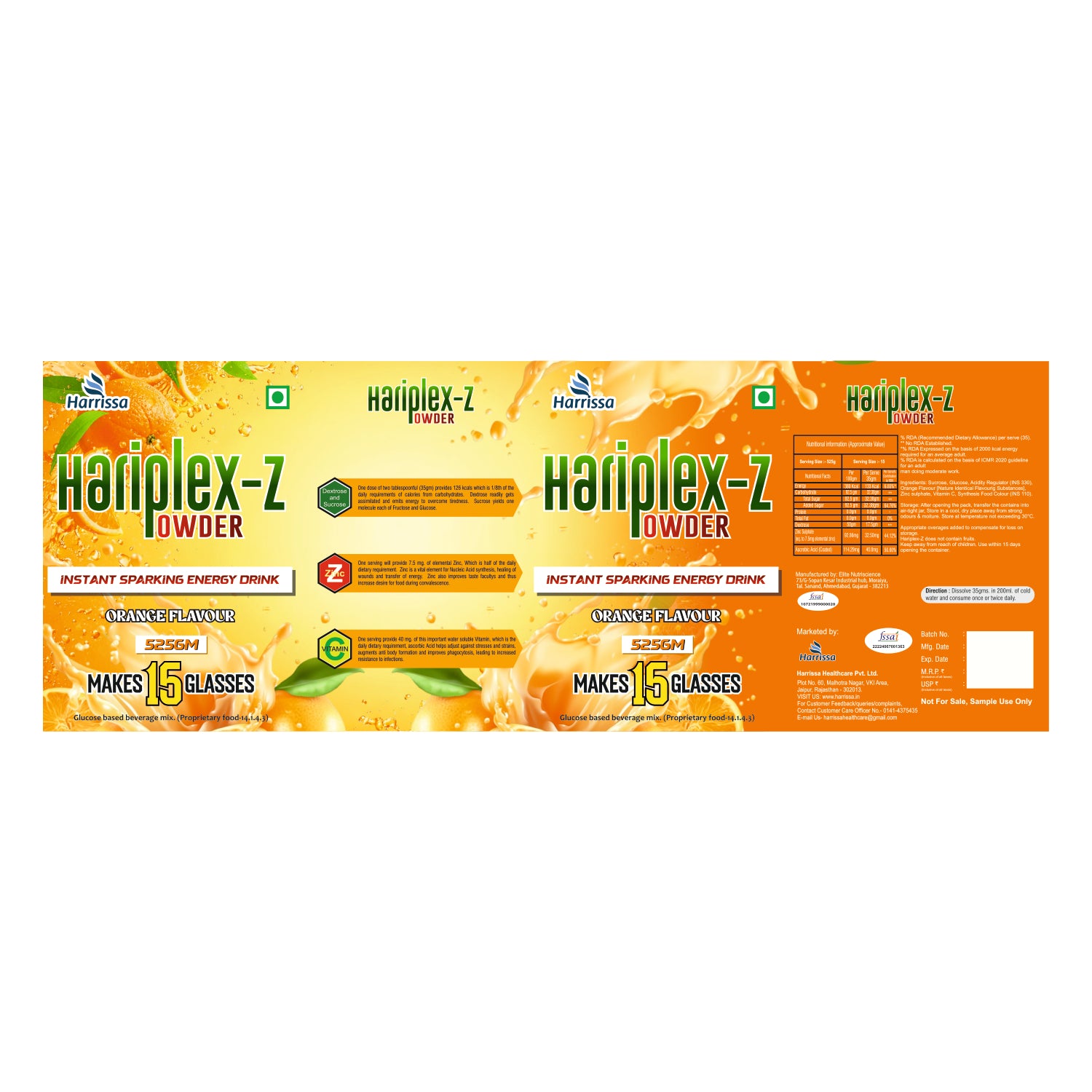 Buy Harissa Hairplex-Z Orange Flavour Energy Drink Powder 525g. Instant glucose beverage mix for quick energy, refreshing taste & hydration. Makes 15 glasses.