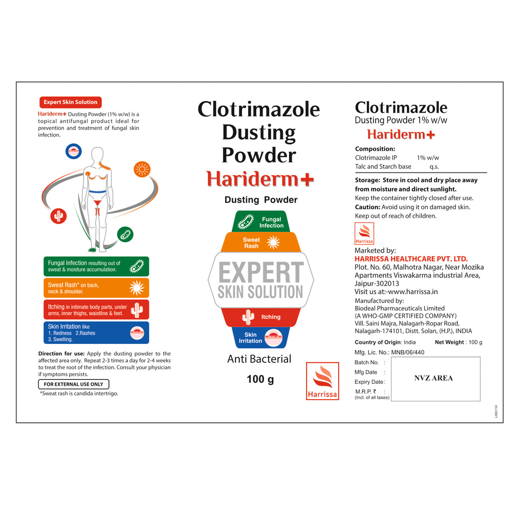 Hariderm+ Clotrimazole Dusting Powder 100g for fungal infection, sweat rash, itching and skin irritation
