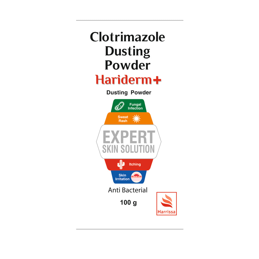 Hariderm+ Clotrimazole Dusting Powder 100g for fungal infection, sweat rash, itching and skin irritation