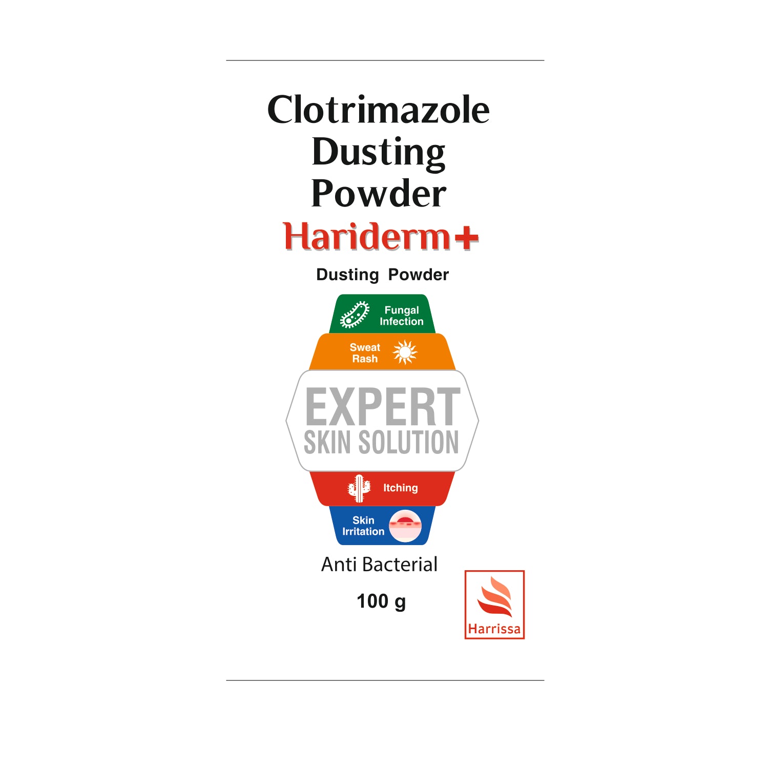 Hariderm+ Clotrimazole Dusting Powder 100g for fungal infection, sweat rash, itching and skin irritation