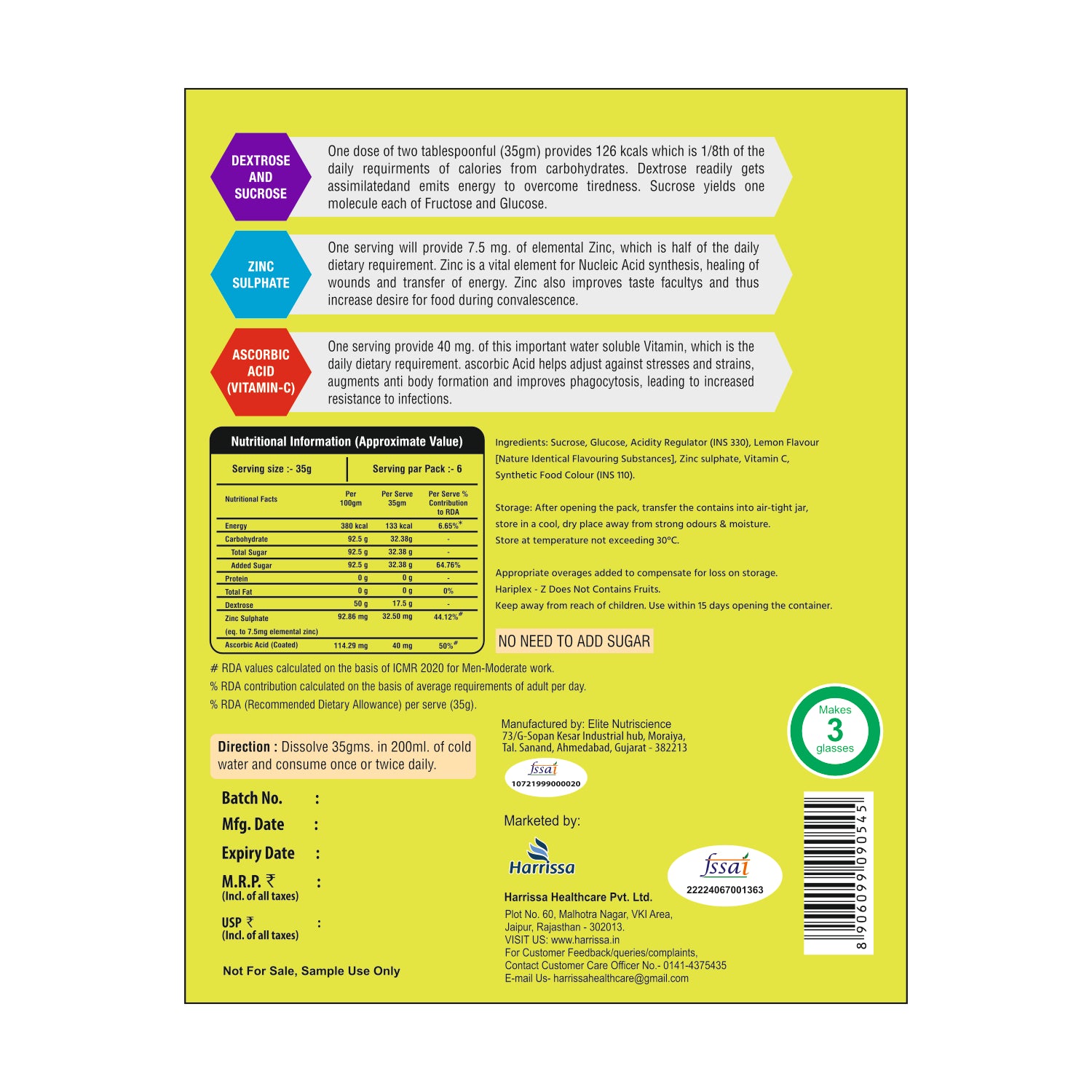 Hariplex-Z Powder Lemon Flavour Instant Energy Drink Mix | Vitamin C, Zinc & Dextrose | 210g